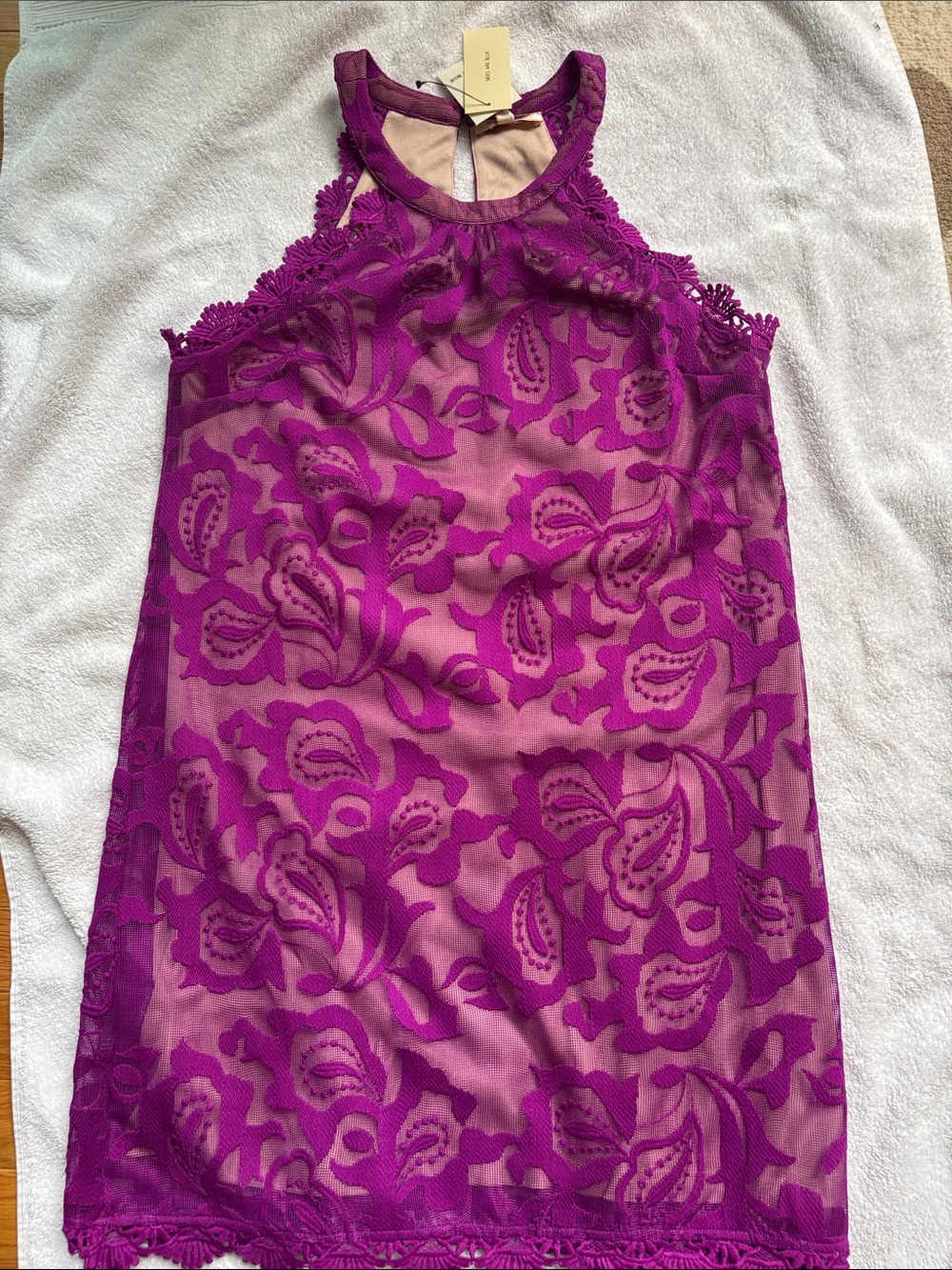 Purple Lace Overlay Halter Dress